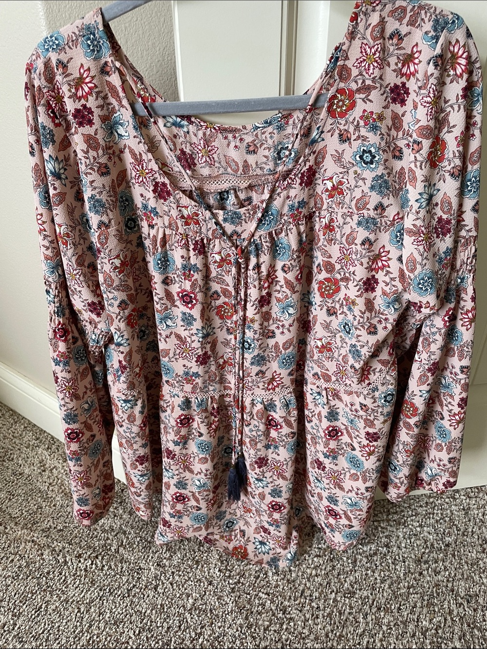 Knox Rose Pink Floral Peasant Blouse with Blue and Pink Accents - Picture 2 of 7